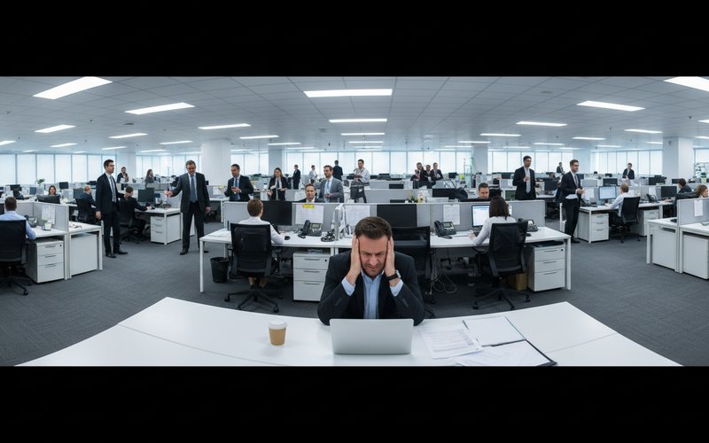 Trabajador en oficina afectado por condiciones acústicas inadecuadas