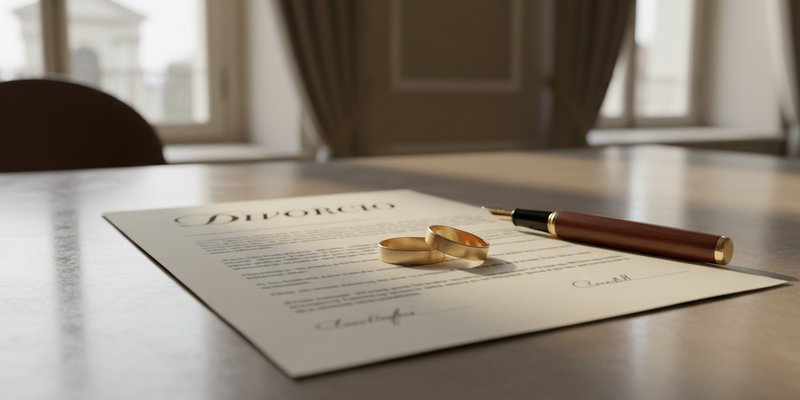 Anillos de boda sobre documento de divorcio representando derecho de familia