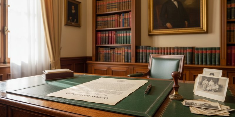 Escritorio con testamento y sello notarial para tramitación de herencias