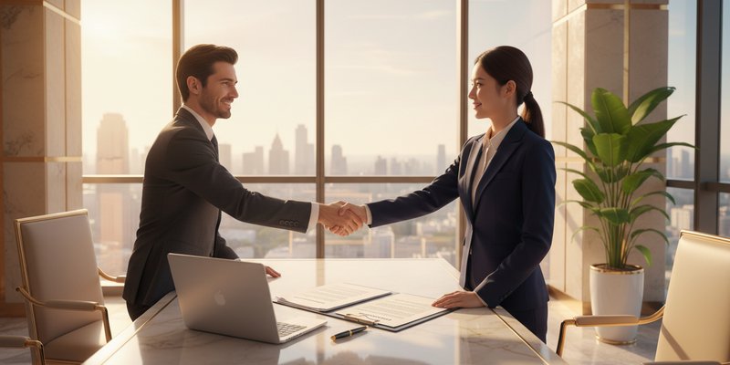 Acuerdo mercantil con apretón de manos en oficina corporativa moderna